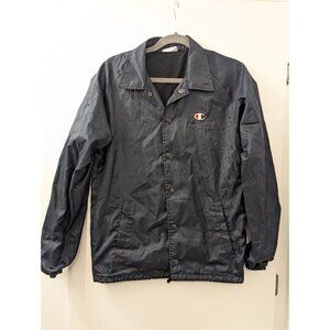 Champion Mens Black Nylon Snap-Button Jacket With Elastic Cuffs & Embroidered Lo